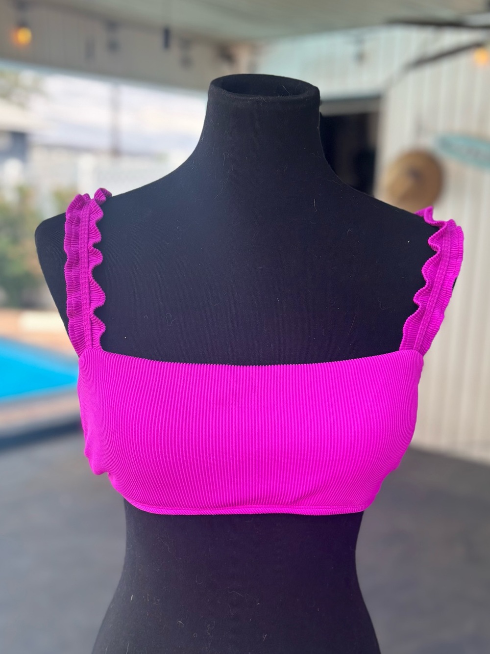 Bright Magenta Ribbed Crop Top with Ruffle Straps